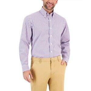 Club Room Men Classic Regular-Fit Plaid Shirt Button Down Red Blue Sz 18.5 34-35